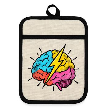 Flash Brain – Gehirn & Blitz im Pop-Art-Look - Topflappen mit Gummirückseite - Leinen/Schwarz  - Vorne