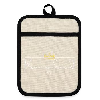 Koenigskind - weiß mit goldener Krone - Topflappen mit Gummirückseite - Leinen/Schwarz  - Vorne