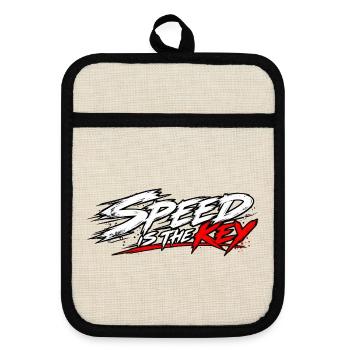 EK-Spruch: Speed is the key - Topflappen mit Gummirückseite - Leinen/Schwarz  - Vorne