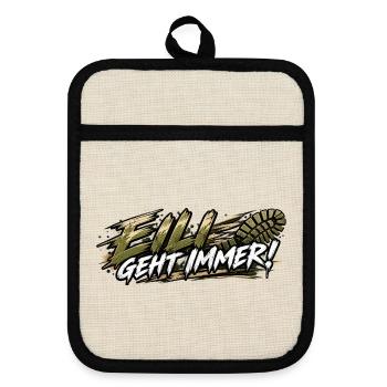 EK-Spruch: Eili geht immer! - Topflappen mit Gummirückseite - Leinen/Schwarz  - Vorne