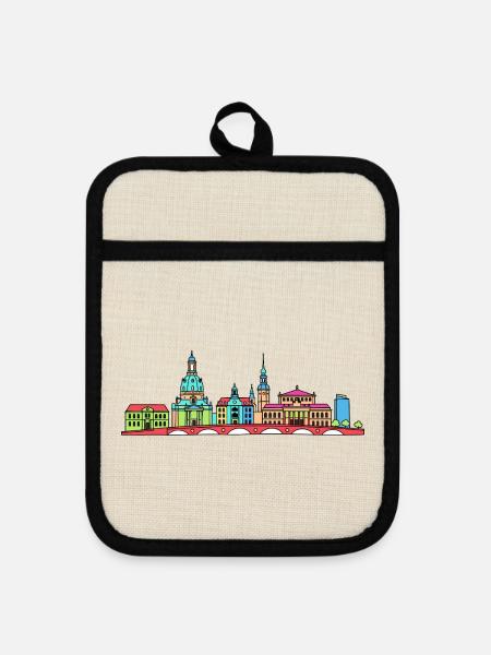 Dresdener Stadtskyline Frauenkirche Linienkunst - Topflappen mit Gummirückseite - Leinen/Schwarz