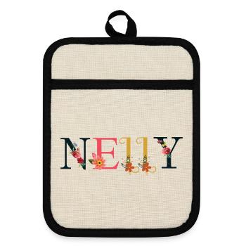 Nom NELLY décoré de fleurs - Maniques avec dos en caoutchouc - lin/noir  - Devant