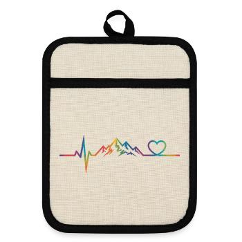 Colorful mountain landscape with heart motif - Pot holders with rubber back - linen/black  - Front