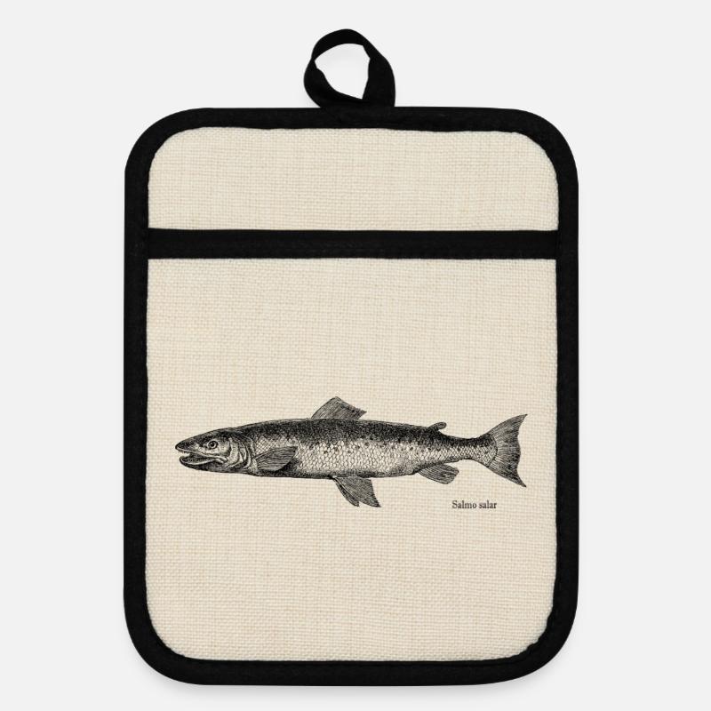 Salmon Engraving - Pot holders with rubber back - linen/black 