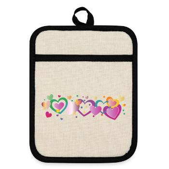 Bunte Herzen Bordüre Design  - Topflappen mit Gummirückseite - Leinen/Schwarz  - Vorne