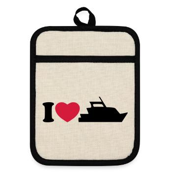 I love my yacht - Pot holders with rubber back - linen/black  - Front