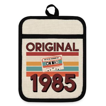 Original 1985 Vintage Birthday Retro Vintage - Pot holders with rubber back - linen/black  - Front