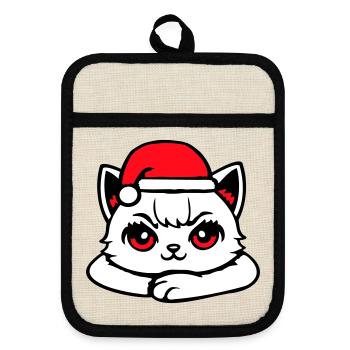 Chat Confiant Père Noël Chapeau Chaton Mignon - Maniques avec dos en caoutchouc - lin/noir  - Devant