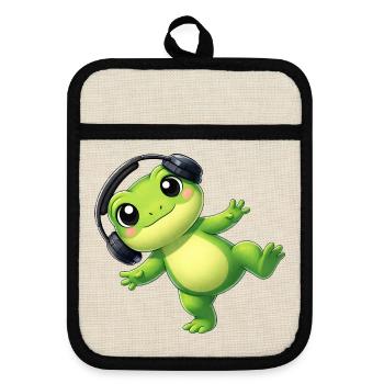 Cute frog toad toad with headphones dancing tech - Pot holders with rubber back - linen/black  - Front