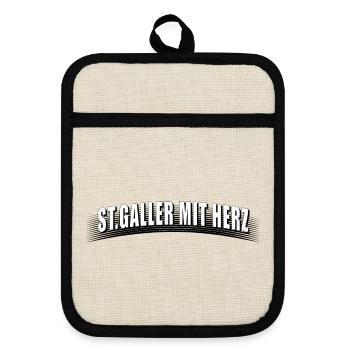 St Galler mit Herz mit Linienraster schmutzig - Topflappen mit Gummirückseite - Leinen/Schwarz  - Vorne
