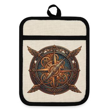 Steampunk compass with wings - Pot holders with rubber back - linen/black  - Front