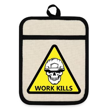 Danger Work, Kill Schild mit behelmtem Totenkopf - Topflappen mit Gummirückseite - Leinen/Schwarz  - Vorne