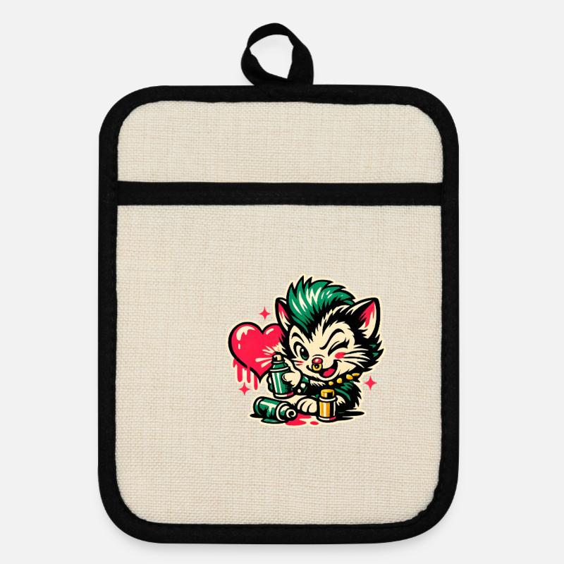 Kitten Graffiti with Heart - Pot holders with rubber back - linen/black 
