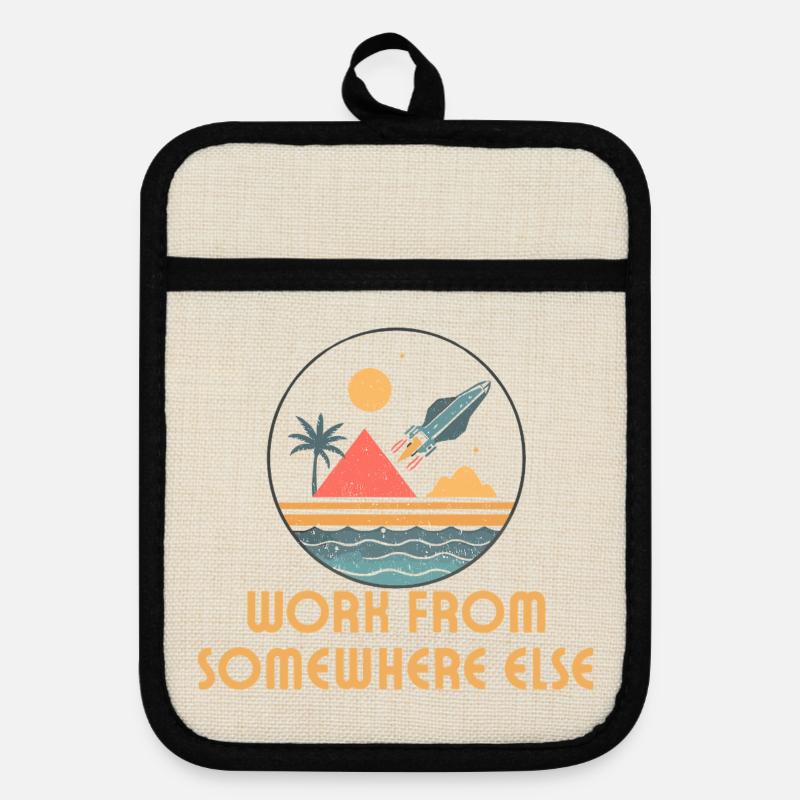 Working from anywhere – retro journey - Pot holders with rubber back - linen/black 