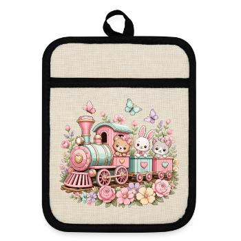 Pastel Train with Critters and Flowers - Pot holders with rubber back - linen/black  - Front