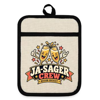 JA-SAGER Crew – Mission Hochzeit - Topflappen mit Gummirückseite - Leinen/Schwarz  - Vorne