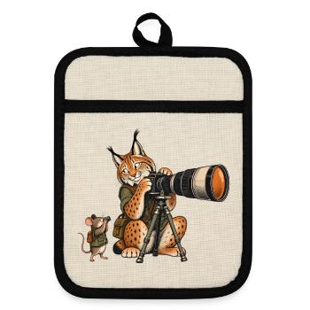 Luchs & Maus beim Fotografieren – Wald & Outdoor - Topflappen mit Gummirückseite - Leinen/Schwarz  - Vorne