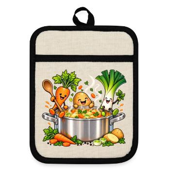 Fröhliche Gemüsefreunde kochen Suppe  - Topflappen mit Gummirückseite - Leinen/Schwarz  - Vorne