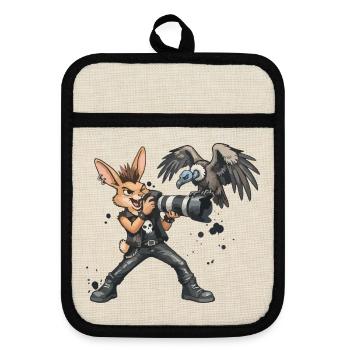 Punk-Hase, der Safari-Fotograf - Topflappen mit Gummirückseite - Leinen/Schwarz  - Vorne