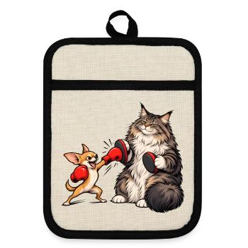 Chihuahua und Maine Coon beim Boxen - Topflappen mit Gummirückseite - Leinen/Schwarz  - Vorne