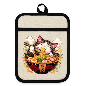 Süße Ramen-Katze – Kawaii Nudel-Liebe - Topflappen mit Gummirückseite - Leinen/Schwarz  - Vorne