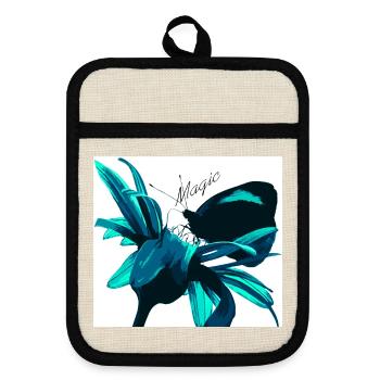 Teal Magic Flower Print - Pot holders with rubber back - linen/black  - Front