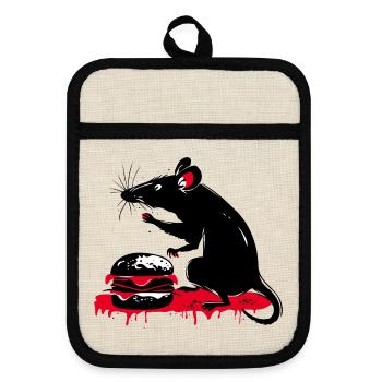 Rat with Burger in Street Art Tattoo Style - Pot holders with rubber back - linen/black  - Front