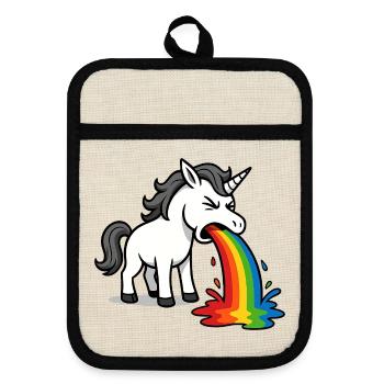 Puking Unicorn – Funny Rainbow Design - Pot holders with rubber back - linen/black  - Front