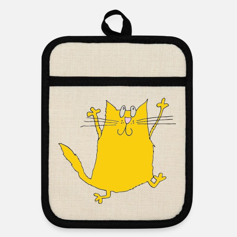 Yellow Cats Cartoon with Paws - Pot holders with rubber back - linen/black