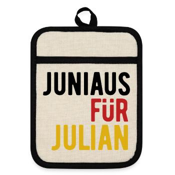 JuniAUS für JuliAN - Fußball Banner 2026 - Topflappen mit Gummirückseite - Leinen/Schwarz  - Vorne