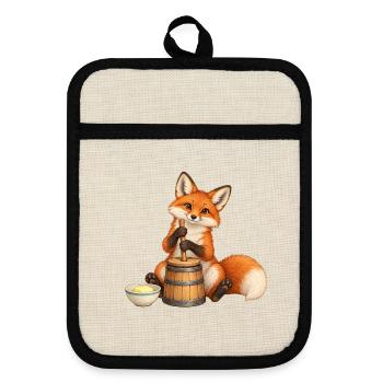 Fuchs rührt Butter im Butterfass - Topflappen mit Gummirückseite - Leinen/Schwarz  - Vorne