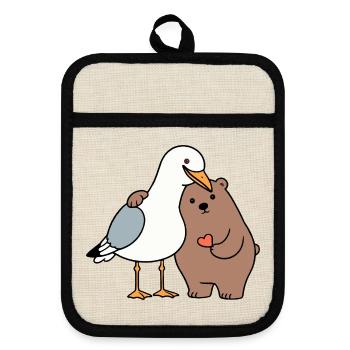 North Sea Seagull Brown Bear Friendship Love Lean - Pot holders with rubber back - linen/black  - Front