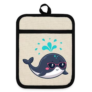 Cute Smiling Whale and Pink Glasses - Pot holders with rubber back - linen/black  - Front