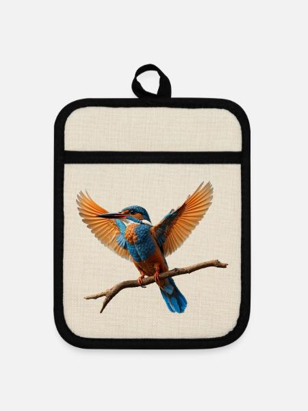 Lebhafter Eisvogel im Flug - Topflappen mit Gummirückseite - Leinen/Schwarz