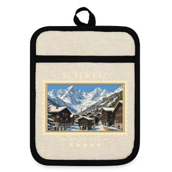 Schweiz Saas-Fee Winter Vintage Reisemarke - Topflappen mit Gummirückseite - Leinen/Schwarz  - Vorne