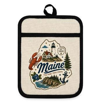 Maine Pine Tree State Vintage Küstenaufkleber - Topflappen mit Gummirückseite - Leinen/Schwarz  - Vorne