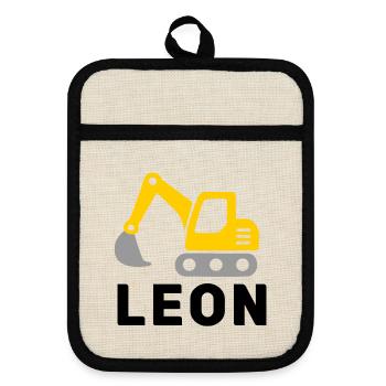 Leon Print mit Bagger Motiv - Topflappen mit Gummirückseite - Leinen/Schwarz  - Vorne