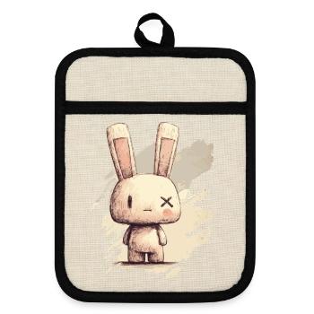 Un lapin mignon aux yeux X - Maniques avec dos en caoutchouc - lin/noir  - Devant