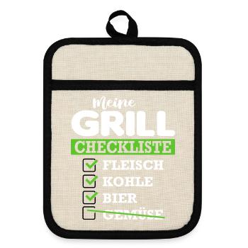 Grill Checkliste Grillsprüche Chef BBQ Grillparty - Topflappen mit Gummirückseite - Leinen/Schwarz  - Vorne