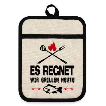 Regen Fisch grillen Grillsprüche Grillparty BBQ - Topflappen mit Gummirückseite - Leinen/Schwarz  - Vorne
