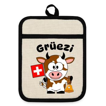Gruezi Schweizer Kuh  - Topflappen mit Gummirückseite - Leinen/Schwarz  - Vorne