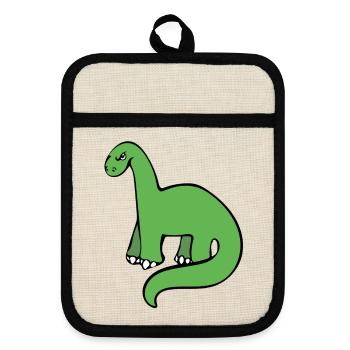 Smaragdgrüner Dino auf Schwarz - Topflappen mit Gummirückseite - Leinen/Schwarz  - Vorne
