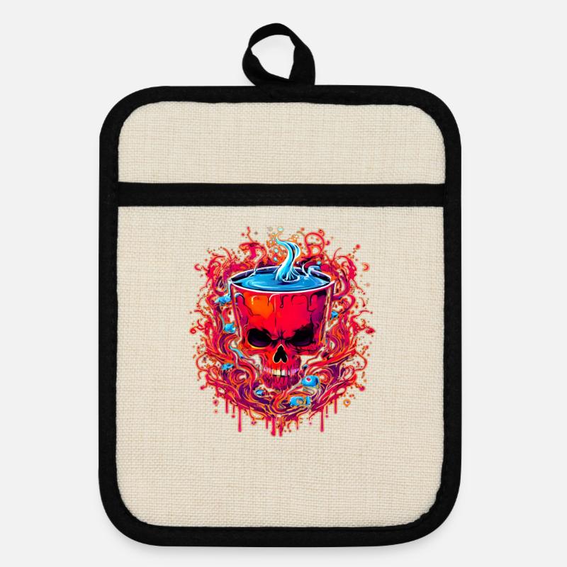 A devilish drink in a skull cup - Pot holders with rubber back - linen/black 