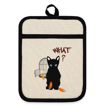 Little black cute kitten and bird - Pot holders with rubber back - linen/black  - Front