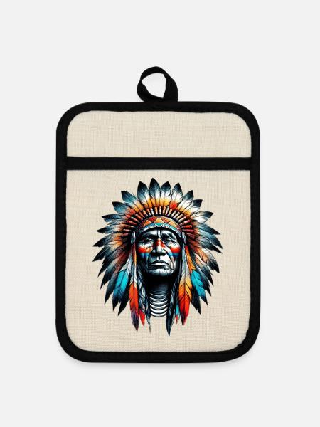 Amerikanischer Indianer Amerikaner - Topflappen mit Gummirückseite - Leinen/Schwarz 