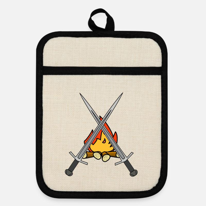 Sword Warrior Campfire Medieval Swords - Pot holders with rubber back - linen/black 