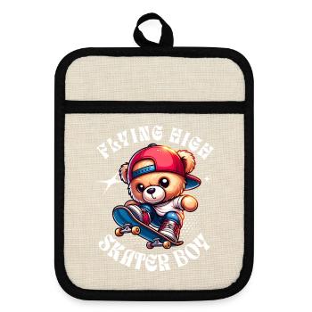 Skater teddy bear on skateboard - Pot holders with rubber back - linen/black  - Front