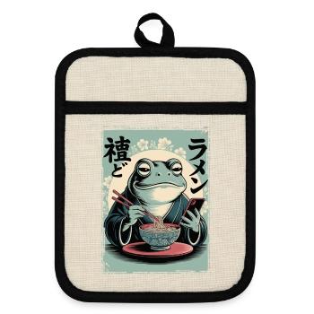 Funny frog, grumpy, Japanese art, ramen - Pot holders with rubber back - linen/black  - Front