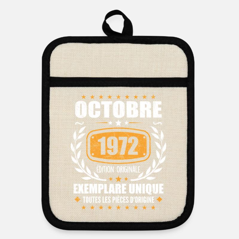 Vintage October 1972, October 1972 Retro Gift - Pot holders with rubber back - linen/black 