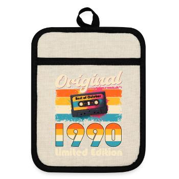 35th Birthday Cassette October Year 1990 - Pot holders with rubber back - linen/black  - Front